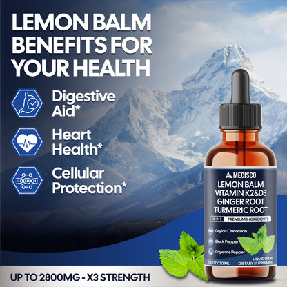 10in1 Lemon Balm Liquid Drops Blend Includes Vitamin D3, Vitamin K2, Lemon Balm, Ginger, Turmeric, Ceylon Cinnamon, Black Pepper, Cayenne Pepper, Berberine, Valerian Root - 1 FL Oz - 2 Month Supply MeciscoBuy Supplements Australia