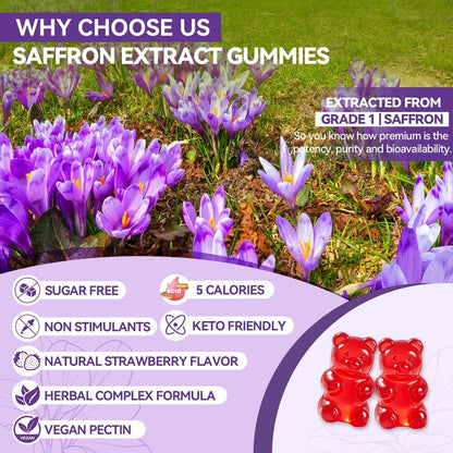 Crasye Saffron Gummies for Kids 100% Pure Organic Saffron Extract Sugar Free Saffron Supplements Gummy for Children Calm Mood & Focus - 60 Gummies Crasye