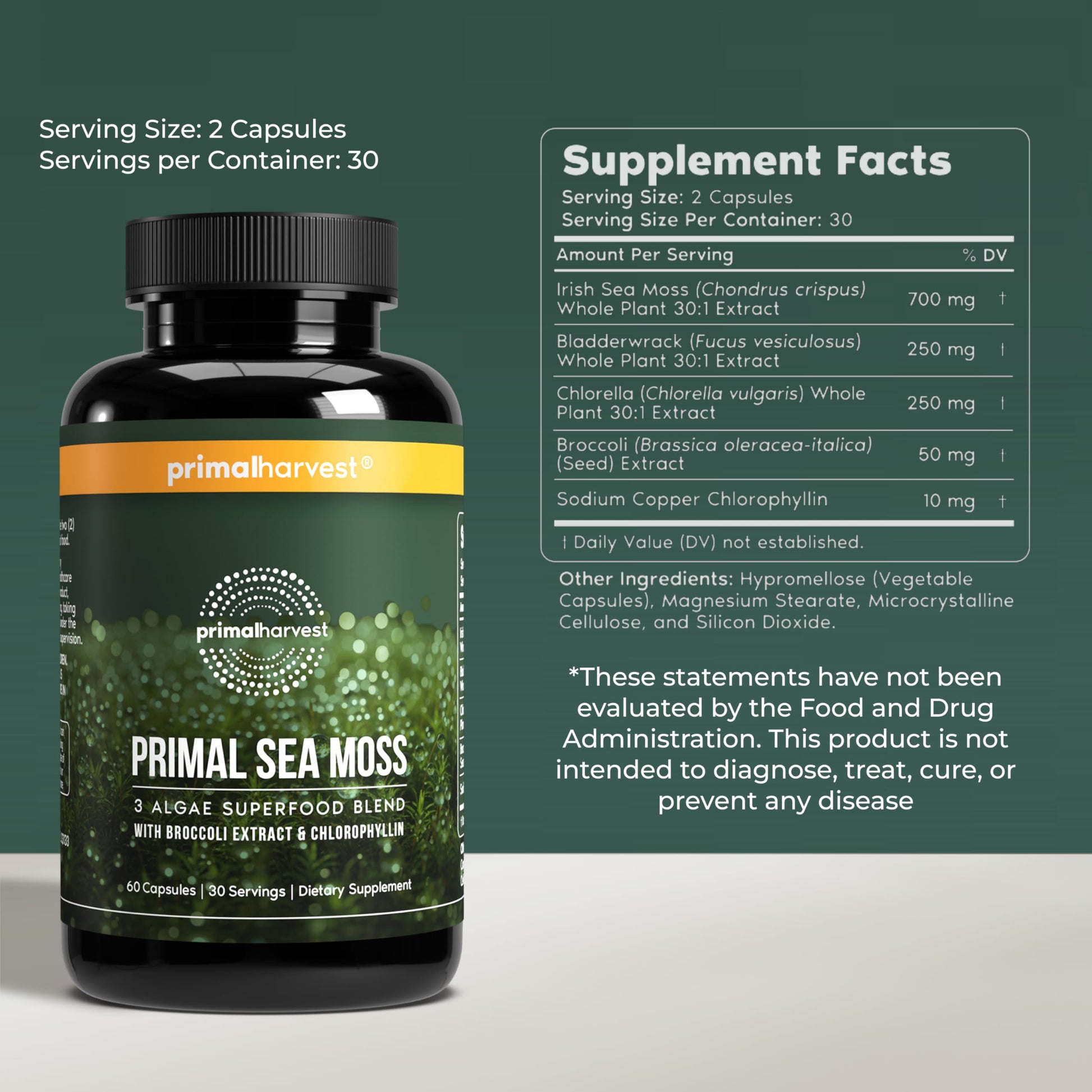 Primal Harvest Sea Moss Capsules with Bladderwack and Irish Sea Moss, Chlorella, Broccoli Seed Extract Plant-Based Supplements for Adults Primal HarvestBuy Supplements Australia