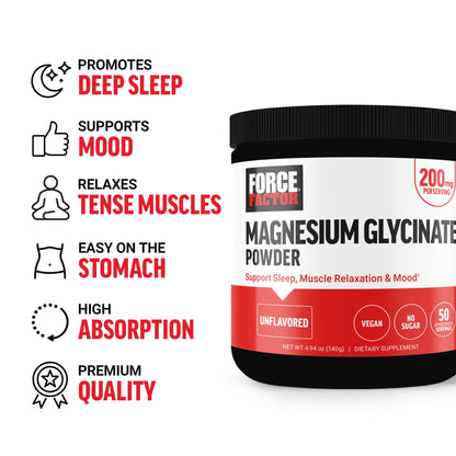 Force Factor Magnesium Glycinate 200mg, Magnesium Supplement for Women and Men to Support Sleep, Muscle Relaxation, and Mood, High Absorption, Vegan, 50 Servings Force FactorBuy Supplements Australia