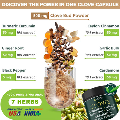 Herbpy 7in1 Clove Supplement Rich in Vitamins & Minerals Supports Digestion, Immune & Heart Health with Cinnamon, Turmeric, Ginger, Cardamom, Garlic & Black Pepper - 100 Vegan Capsules HerbpyBuy Supplements Australia