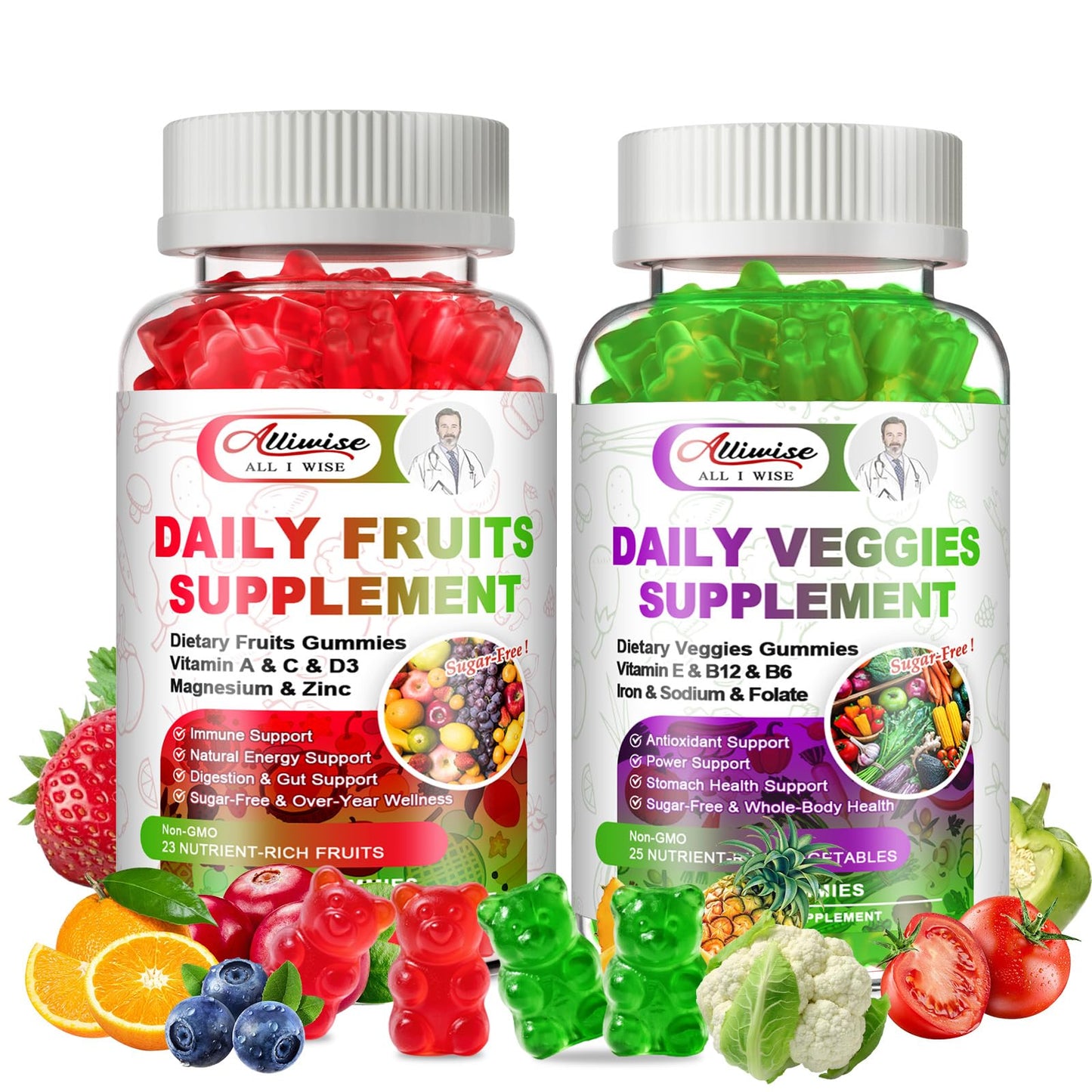 Sugar-Free Fruits & Veggies Gummies, Super Greens with 23 Fruits & 25 Veggies, Multivitamin Minerals & Fiber, Vegan Fruit & Vegetable Supplement for Adults, 120 Gummies, 2 Month Supply AlliwiseBuy Supplements Australia