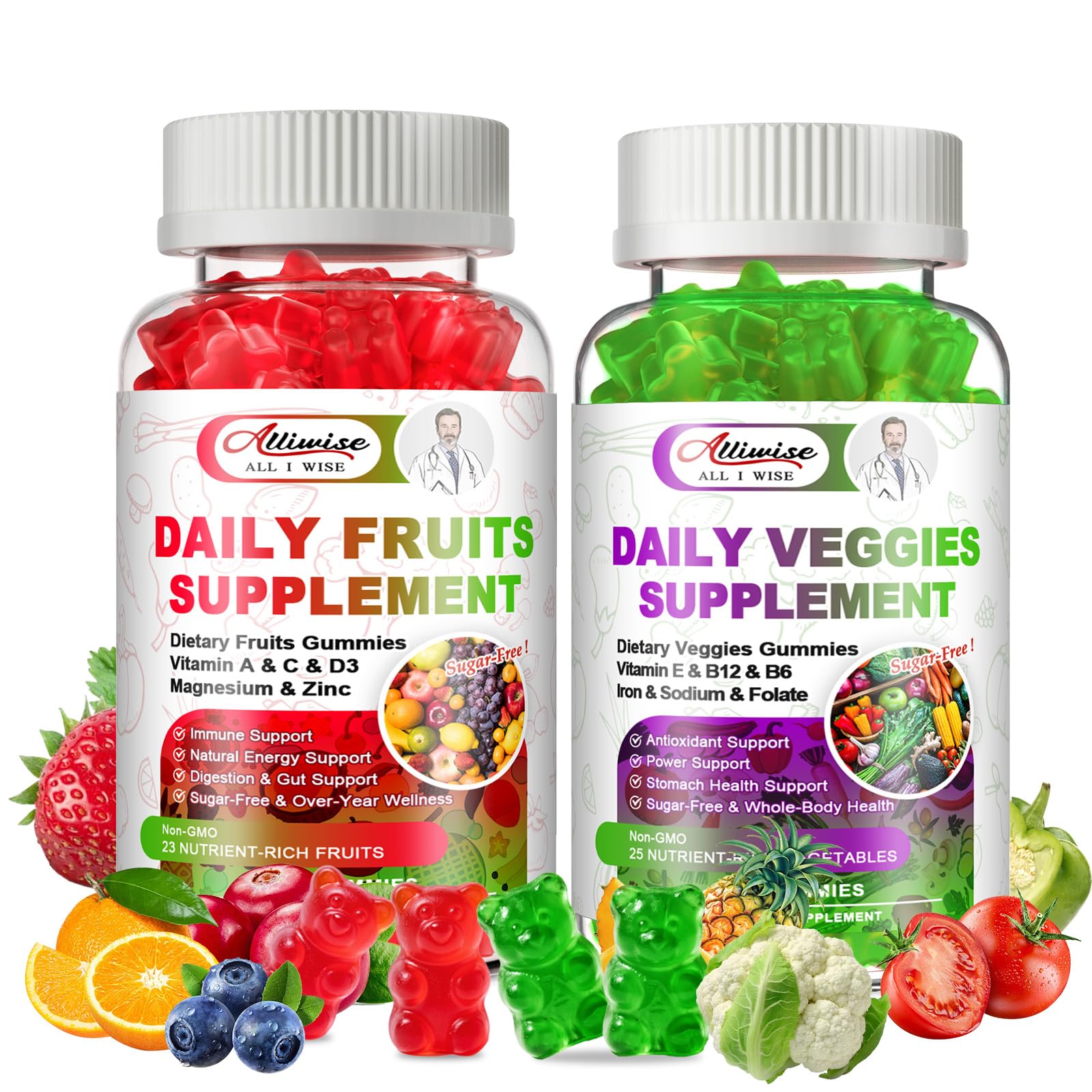 Sugar-Free Fruits & Veggies Gummies, Super Greens with 23 Fruits & 25 Veggies, Multivitamin Minerals & Fiber, Vegan Fruit & Vegetable Supplement for Adults, 120 Gummies, 2 Month Supply AlliwiseBuy Supplements Australia