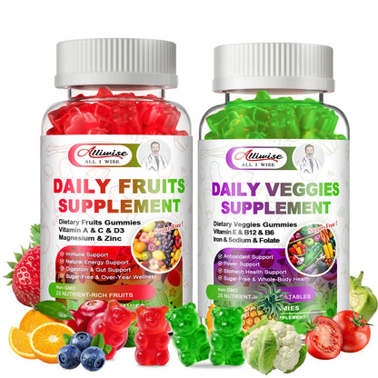 Sugar-Free Fruits & Veggies Gummies, Super Greens with 23 Fruits & 25 Veggies, Multivitamin Minerals & Fiber, Vegan Fruit & Vegetable Supplement for Adults, 120 Gummies, 2 Month Supply AlliwiseBuy Supplements Australia