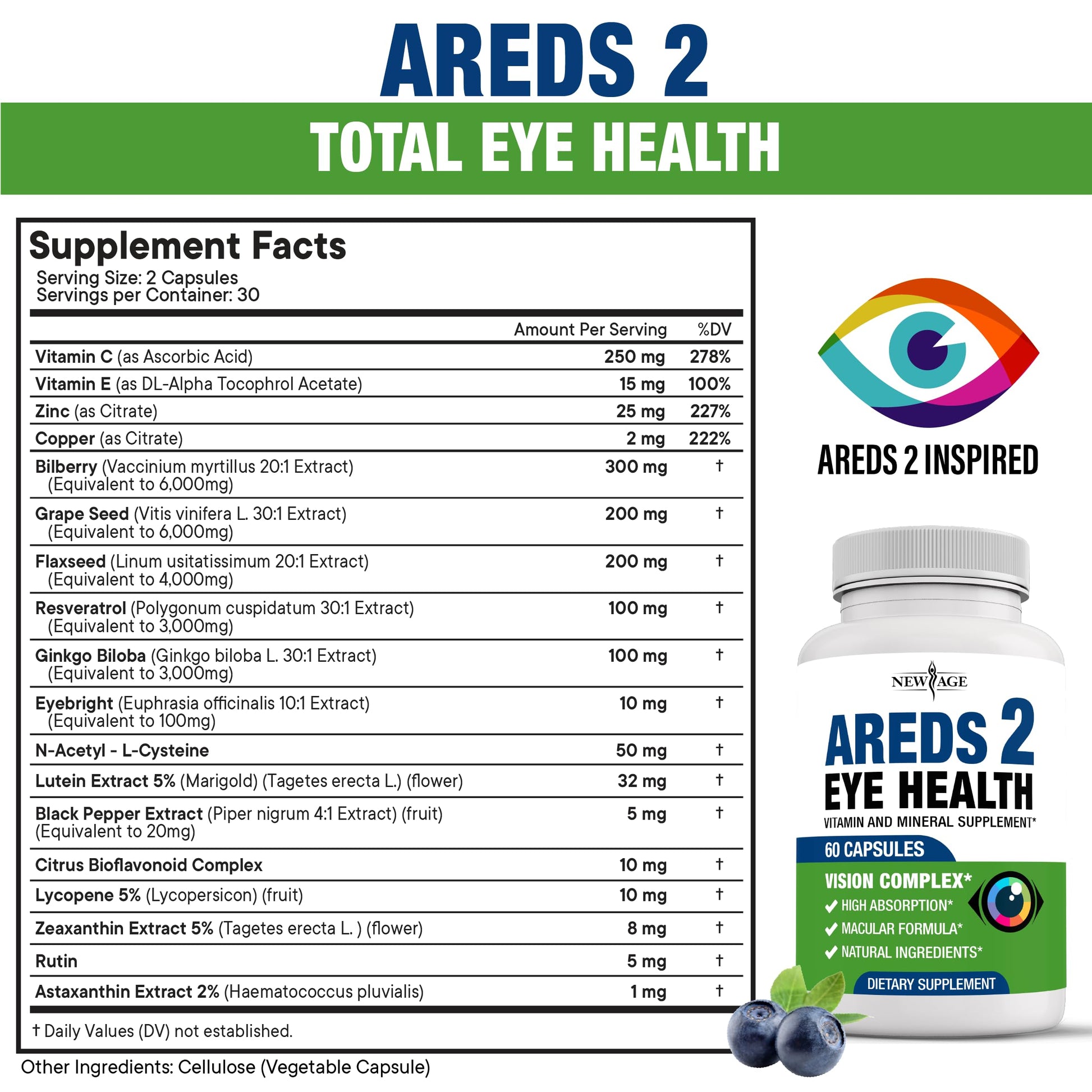 NEW AGE AREDS 2 Eye Vitamins - Lutein, Zeaxanthin, Bilberry, Astaxanthin Mineral Vision Supplement - 180 Count NEW AGEBuy Supplements Australia