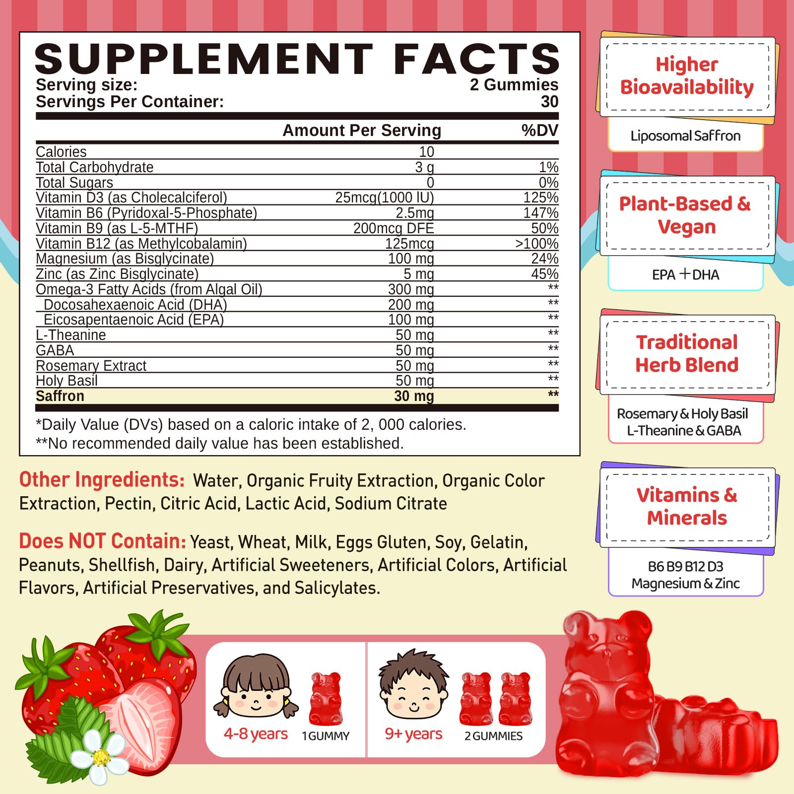 Liposomal Saffron Gummies for Kids 4+, Saffron Supplements w/Holy Basil, Rosemary, Magnesium Glycinate, Omega-3 & More, Brain Focus Support Supplement, Vegan, Organic, Sugar Free, 60 Chewables duwhotBuy Supplements Australia