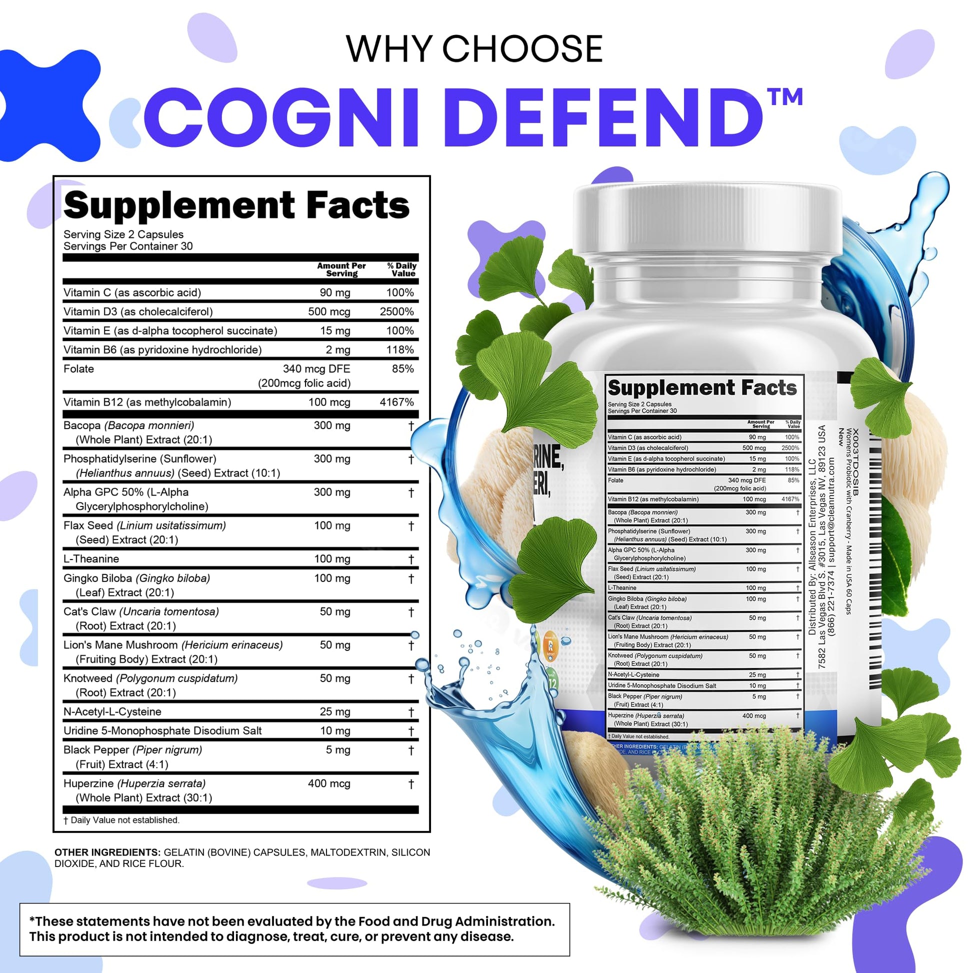 Brain Supplement Alpha GPC 300mg Phosphatidylserine Bacopa Monnieri Ginkgo Biloba Lions Mane Huperzine A L-Theanine NAC Nootropic Memory Focus Cognitive Support Vitamins B C D E 60 Capsules USA Clean NutraceuticalsBuy Supplements Australia