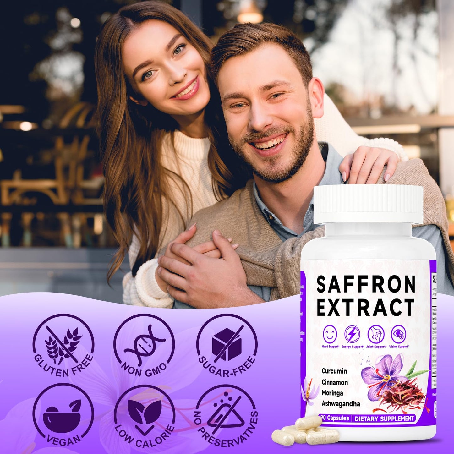 Happy Saffron Supplements, 100mg Saffron Extract, Saffron Blend with Turmeric & Ashwagandha, Supports Mood, Focus, and Energy Boost, 90 Capsules MossllyBuy Supplements Australia