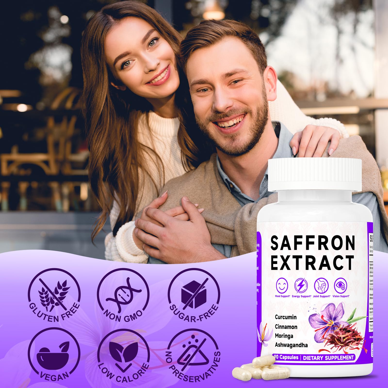 Happy Saffron Supplements, 100mg Saffron Extract, Saffron Blend with Turmeric & Ashwagandha, Supports Mood, Focus, and Energy Boost, 90 Capsules MossllyBuy Supplements Australia
