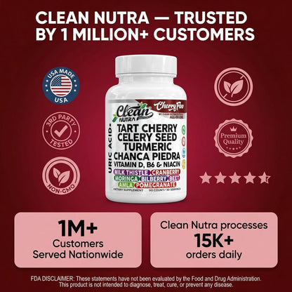 Cherry Flow Tart Cherry Capsules Uric Acid Support Celery Seed Turmeric Chanca Piedra Vitamin D Vitamin B6 Niacin Milk Thistle Moringa Extract Pomegranate Beets 90 Count By Clean Nutra Clean NutraceuticalsBuy Supplements Australia