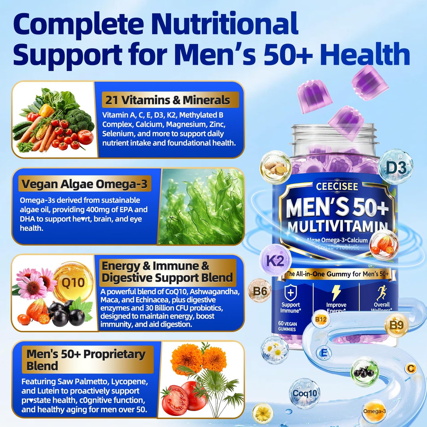 Ceecisee Methylated Multivitamin for Men Over 50: Daily Mens Multivitamins Gummies with Omega Probiotic Magnesium Zinc Vitamins D3 B12 - Energy Immune Support No Iron Vitamins Gummy for Men(60Count) CeeciseeBuy Supplements Australia