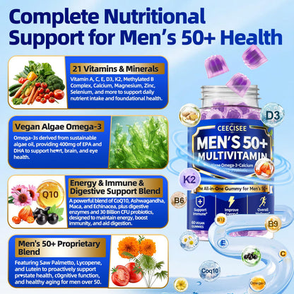 Ceecisee Methylated Multivitamin for Men Over 50: Daily Mens Multivitamins Gummies with Omega Probiotic Magnesium Zinc Vitamins D3 B12 - Energy Immune Support No Iron Vitamins Gummy for Men(60Count) CeeciseeBuy Supplements Australia