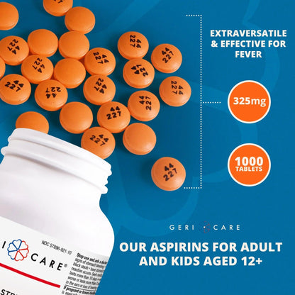 GeriCare Enteric Coated Aspirin Tablets 325mg (1000 Count) NSAID Pain Reliever & Fever Reducer for Adults- Regular Strength Aspirin for Headache Arthritis Menstrual & Muscle Pain GeriCareBuy Supplements Australia