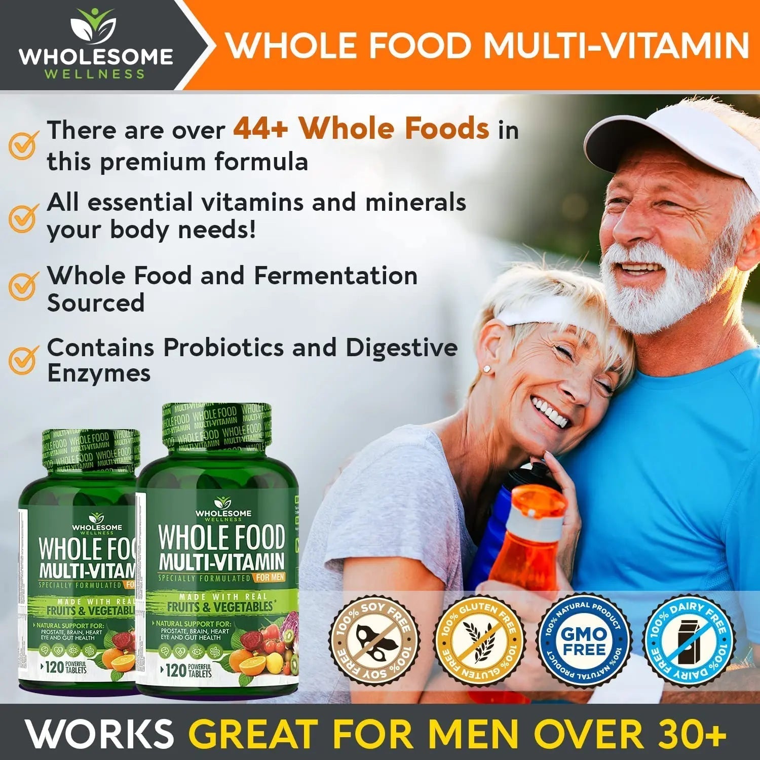 Wholesome Wellness Whole Food Multivitamin for Men - Natural Multi Vitamins, Minerals, Organic Extracts - Vegan Vegetarian - 120 Tablets Wholesome Wellness