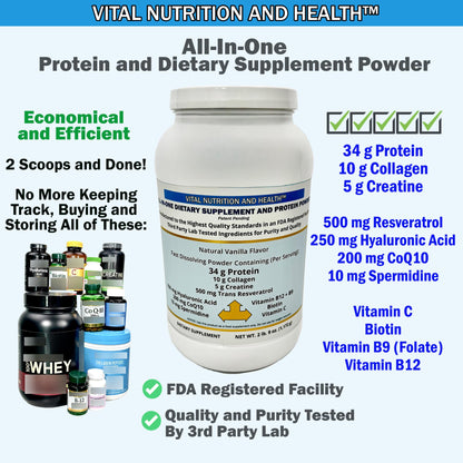 Vital Nutrition and Health All-in-One Powder: Protein, Collagen, Creatine, Resveratrol, Spermidine, Hyaluronic Acid, CoQ10 + Key Vitamins Vital Nutrition and HealthBuy Supplements Australia