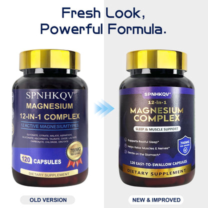 SPNHKQV Magnesium 12-in-1 Complex Supplement – 700mg High Absorption Magnesium Glycinate Capsules for Women & Men – Muscle, Nerve & Sleep Support – 120 Vegan Capsules SPNHKOVBuy Supplements Australia