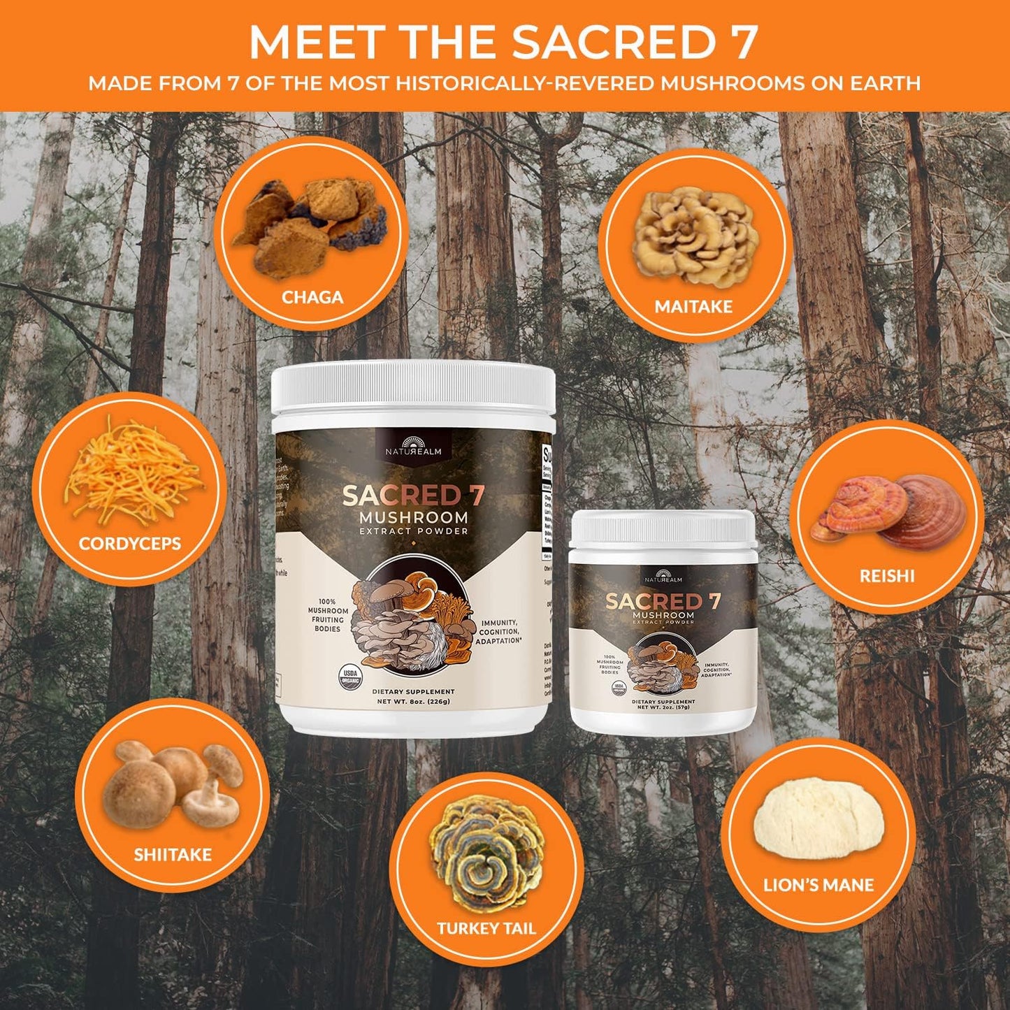 Naturealm Sacred 7 Mushroom Extract Powder - USDA Organic - Lion's Mane, Reishi NaturealmBuy Supplements Australia