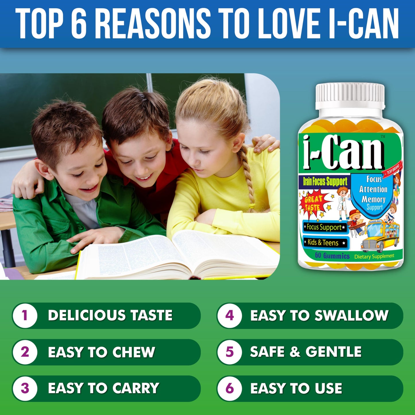I-Can Focus Gummies for Kids & Teens, Omega 3 Gummies with DHA & EPA, Brain Health, Memory, Attention Support, Teen Brain Focus Vitamins, Non-Fishy Taste, Low Sugar, 60 Count Celebrity LifeStyle ProductBuy Supplements Australia