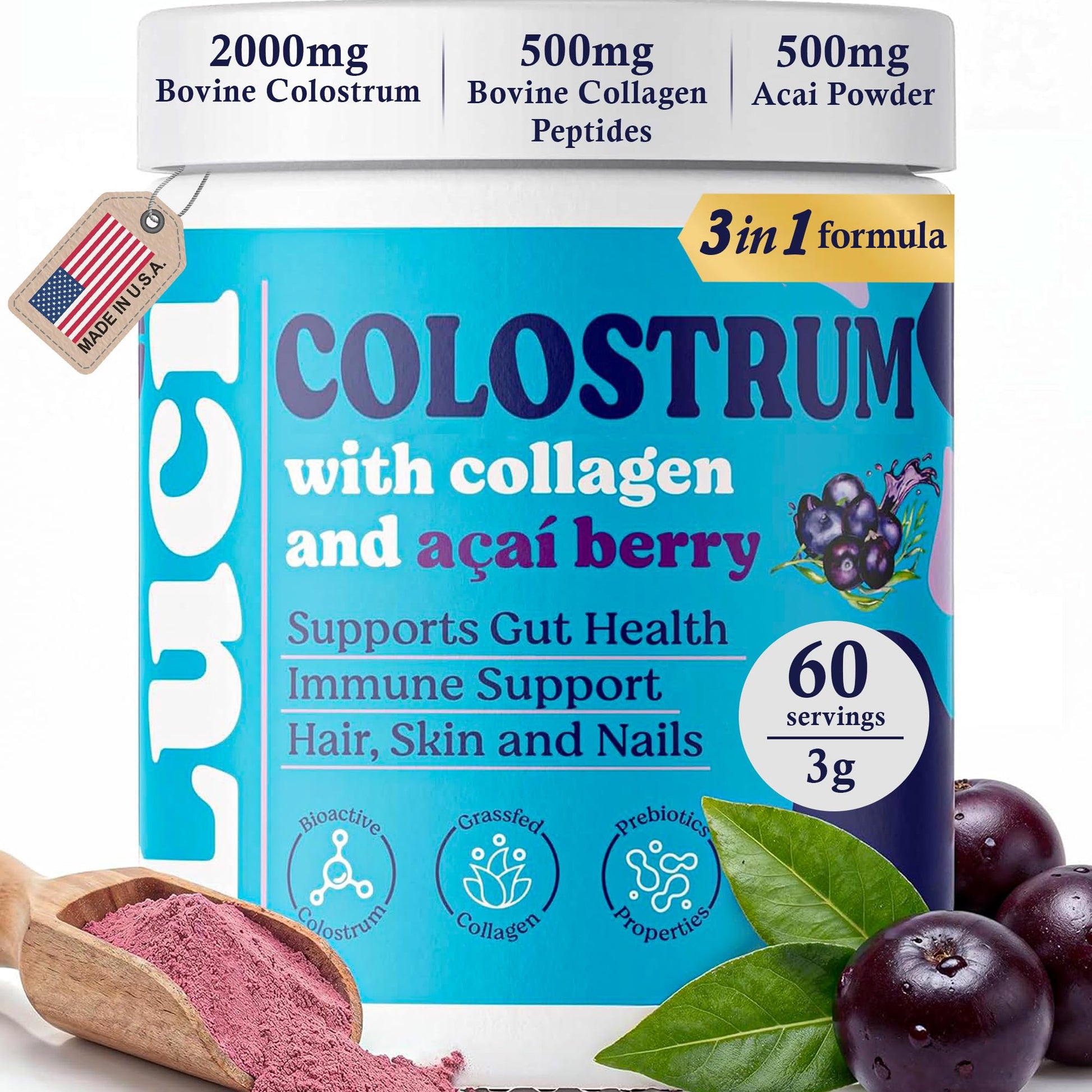Luci Colostrum Powder 60 Servings, 3 in 1 with Collagen Peptides and Acai, Bovine Colostrum for Gut Health, Bloating, Collagen Protein for Muscle, Skin, Hair, Nails and Immunity, Gluten & Fat Free Luci NutritionBuy Supplements Australia