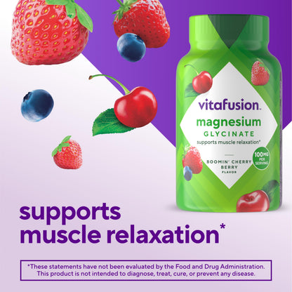 vitafusion Magnesium Glycinate Gummy Supplement, 100 mg per Serving Supports Muscle Relaxation (1) for Adult Women & Men, Boomin’ Cherry Berry Flavor, 60 Count VitafusionBuy Supplements Australia