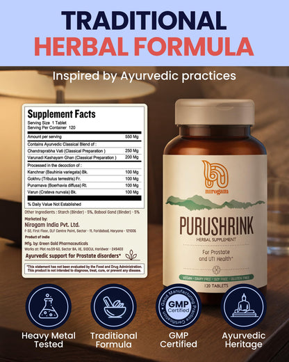 Nirogam Purushrink - BPH Prostate Supplement for Men, Supports Better Sleep & Urinary Health - Natural Ayurvedic Herbal Supplement 120 Tablets - Vegan, Dairy Free, Gluten Free NirogamBuy Supplements Australia