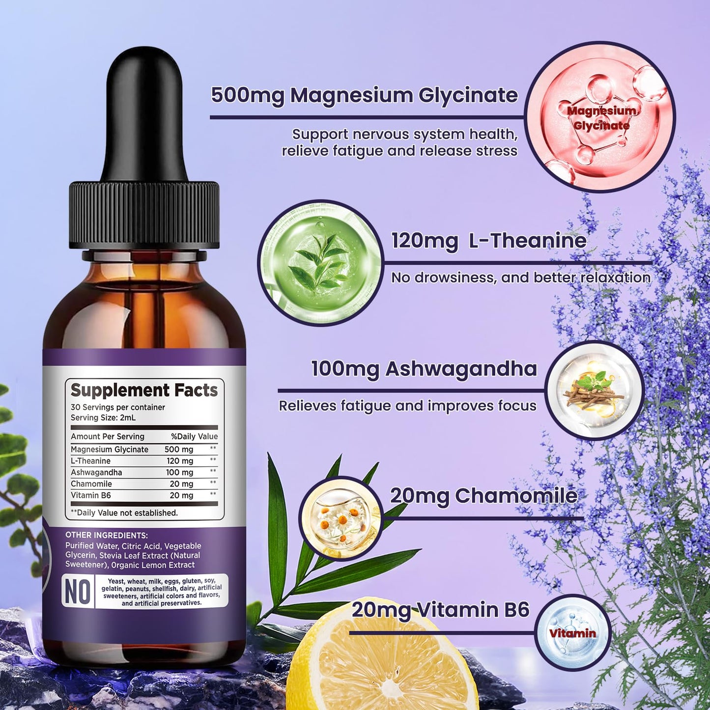 Magnesium Glycinate Supplement, Magnesium Liquid Drops with Magnesium Glycinate 500mg Vitamin B6, Ashwagandha, L - Theanine, Chamomile
