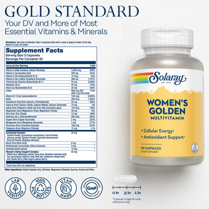 SOLARAY Women's Golden Multivitamin Supplement - Daily Wellness Vitamins for Women, Nutrient Rich, Cellular Energy Support Caps, Complex with Vitamins A, C, D, & E, Biotin, Calcium & More- 90 Capsules SOLARAYBuy Supplements Australia