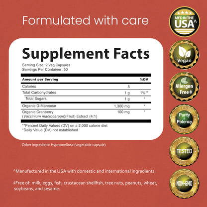 NaturaLife Labs Organic D-Mannose 1300 mg with Organic Cranberry Extract 100 mg per Serving – 100 Capsules – Non-GMO, Gluten-Free, Vegan NaturaLife LabsBuy Supplements Australia