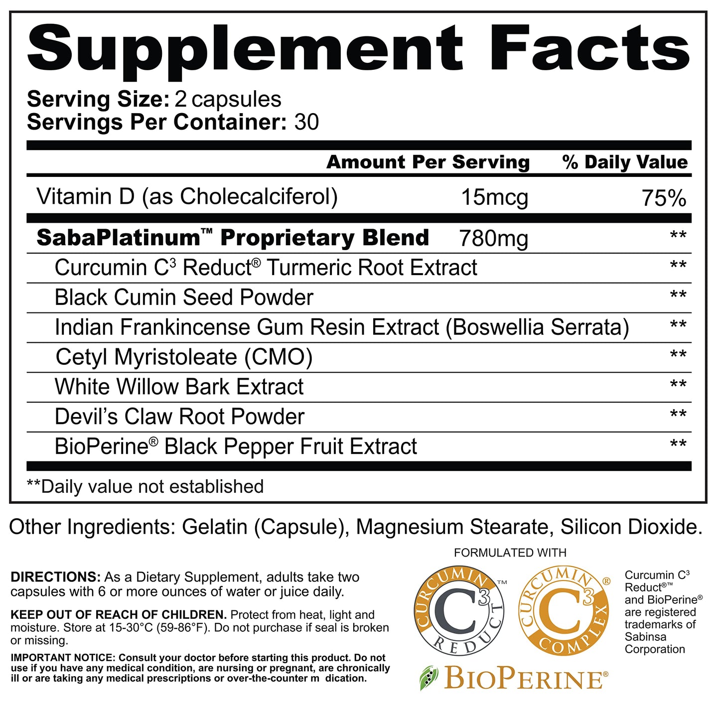 Saba Platinum Joint Support – High Absorption Curcumin C3 Reduct & Boswellia – Fast Acting Turmeric Supplement for Joint Pain Relief, Mobility & Healthy Inflammation Response – 60 Vegan Capsules SabaBuy Supplements Australia