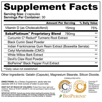 Saba Platinum Joint Support – High Absorption Curcumin C3 Reduct & Boswellia – Fast Acting Turmeric Supplement for Joint Pain Relief, Mobility & Healthy Inflammation Response – 60 Vegan Capsules SabaBuy Supplements Australia