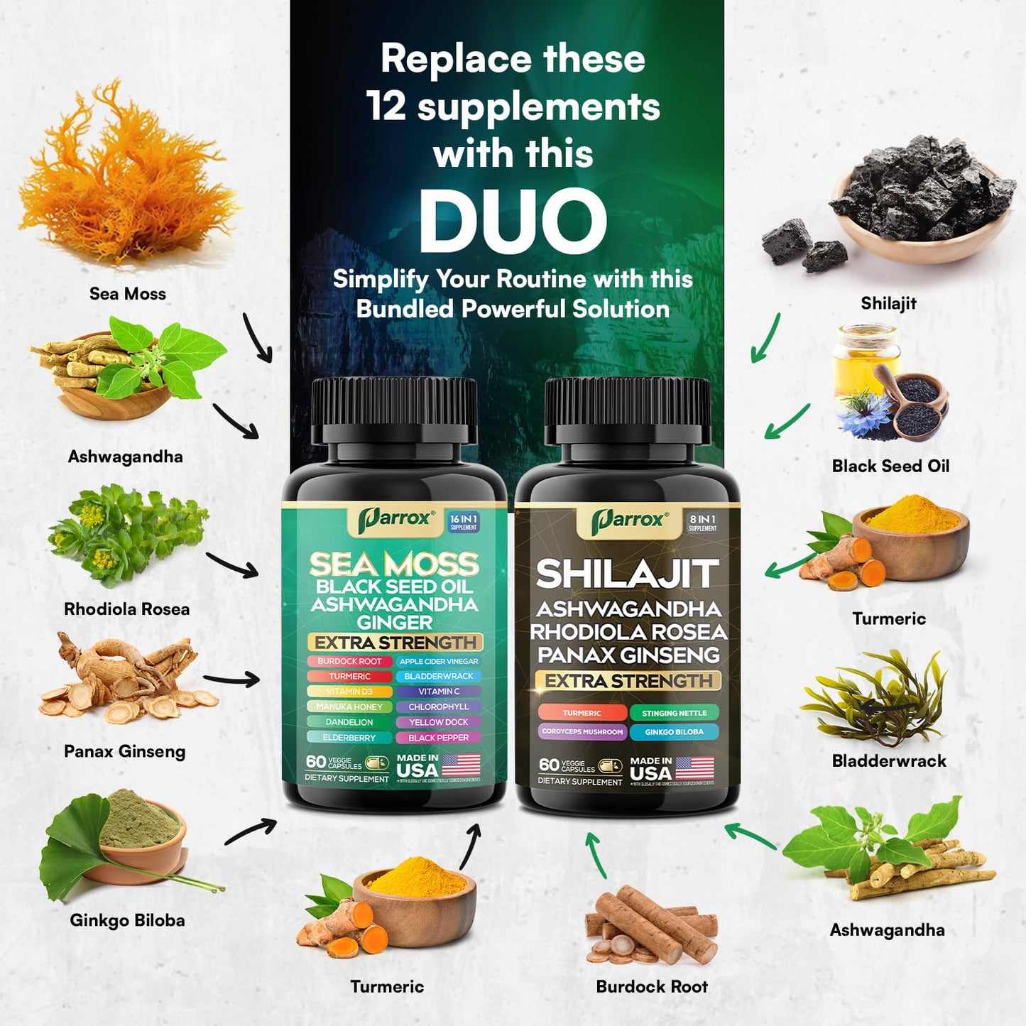 Parrox Shilajit and Sea Moss Bundle, Sea Moss 350mg, Black Seed Oil 200mg, Ashwagandha 100mg, Turmeric, Shilajit 300mg, Rhodiola Rosea 100mg, Panax Ginseng 50mg, Dynamic Vitality Bundle (2 Pack) ParroxBuy Supplements Australia