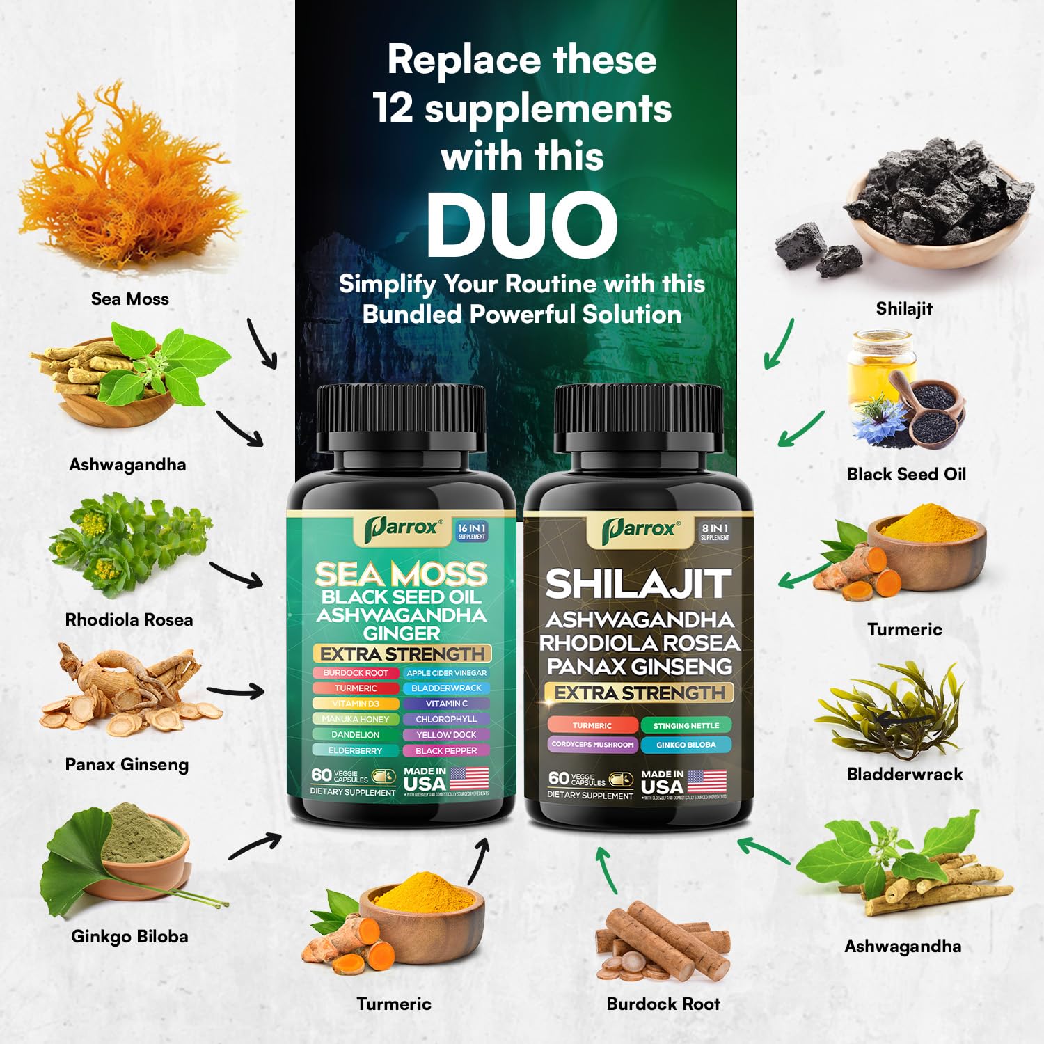 Parrox Shilajit and Sea Moss Bundle, Sea Moss 350mg, Black Seed Oil 200mg, Ashwagandha 100mg, Turmeric, Shilajit 300mg, Rhodiola Rosea 100mg, Panax Ginseng 50mg, Dynamic Vitality Bundle (2 Pack) ParroxBuy Supplements Australia