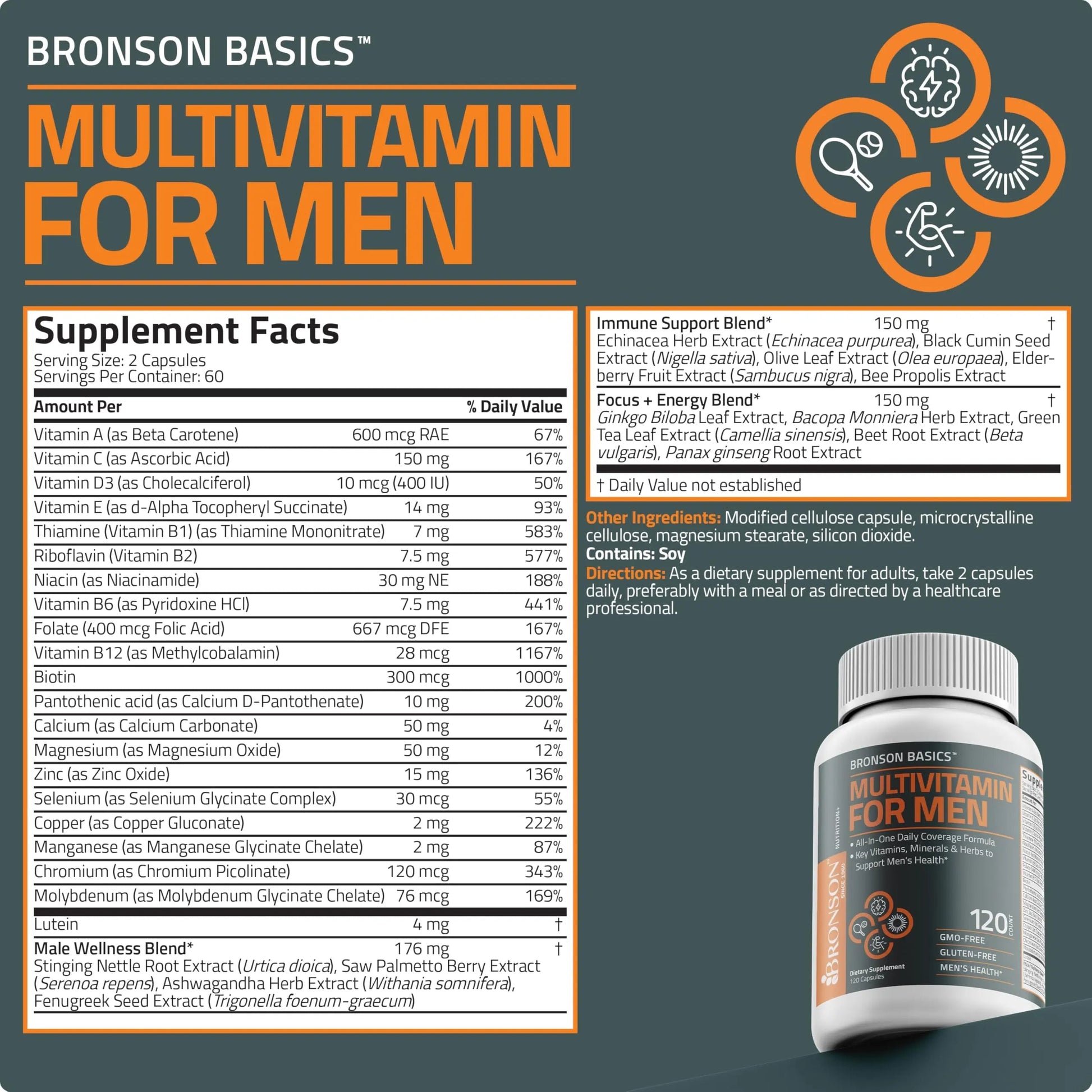 Bronson Multivitamin for Men All-in-One Daily Coverage Formula Key Vitamins, Minerals & Herbs to Support Men's Health, 120 Capsules BronsonBuy Supplements Australia