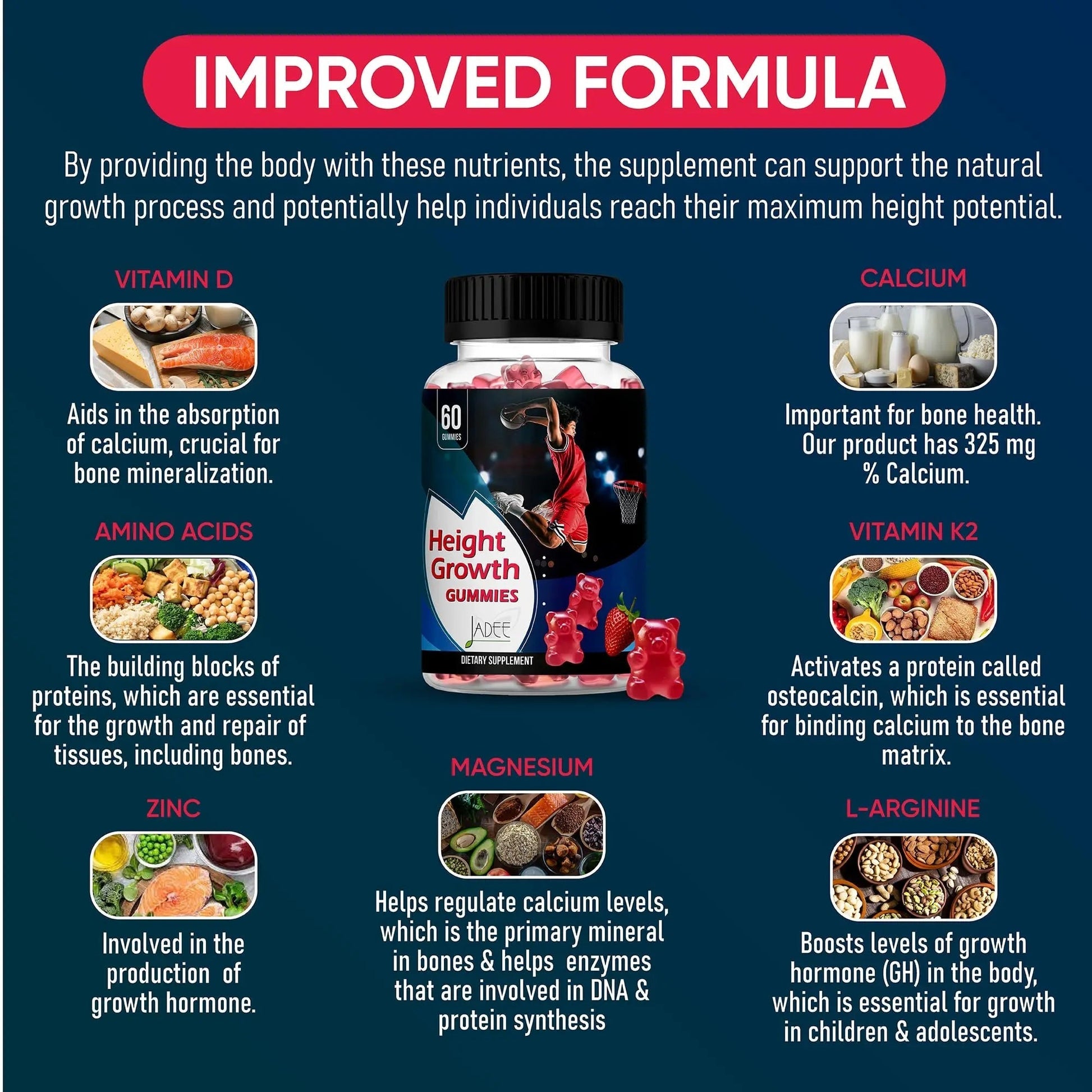 Jadee Height Growth Gummies for Teens & Kids Calcium 325mg, Teen Vitamins D3,K2,C, Magnesium, Ashwagandha, Zinc, L-Arginine Jadee