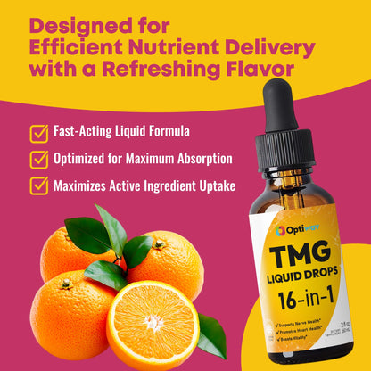 Optiwav TMG Trimethylglycine Liquid Drops - Betaine High Absorption Methylated Vitamins Supplement for Homocysteine Methylation & Heart Health Support - Orange Flavor Gluten Free Vegan - 2 fl oz OptiwavBuy Supplements Australia