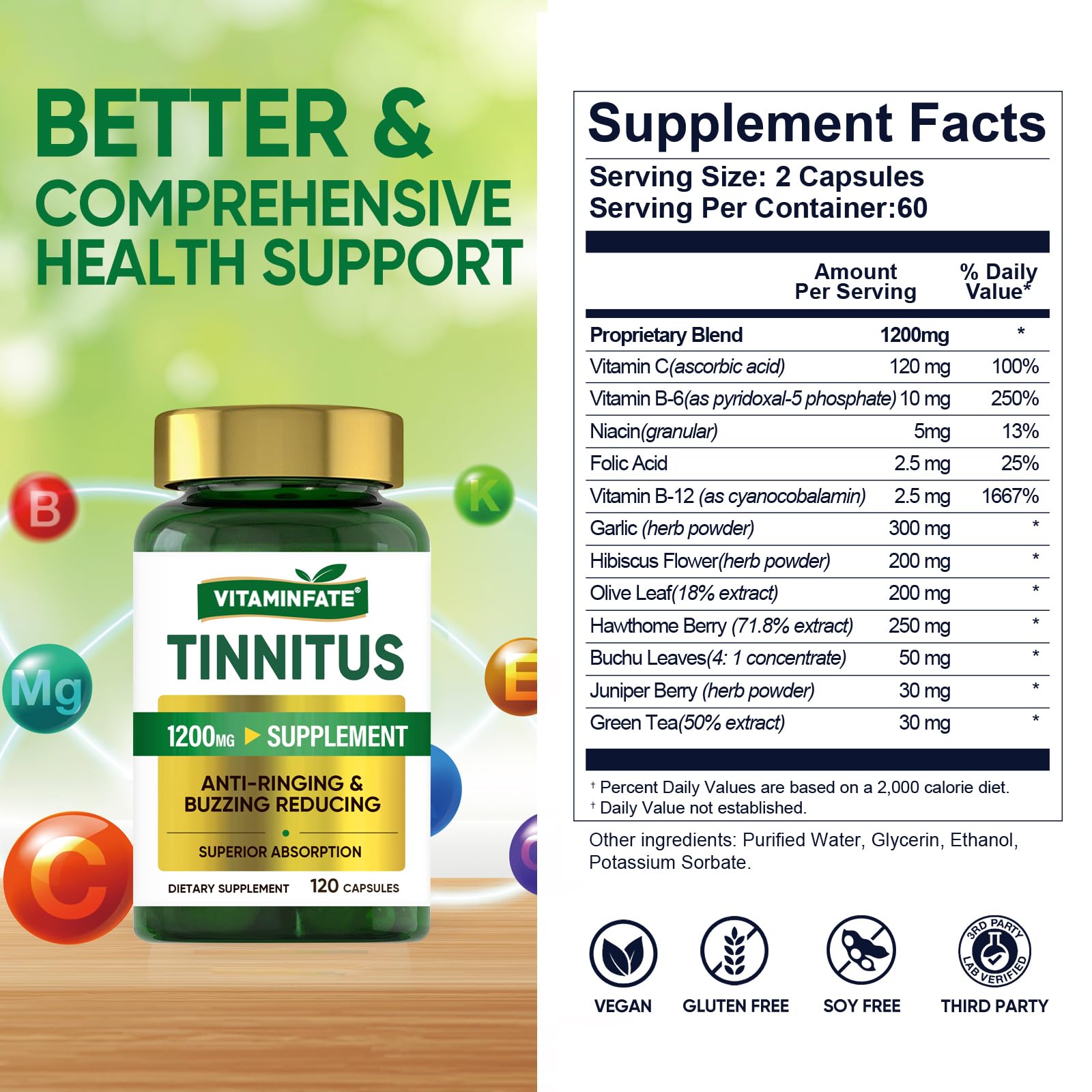Tinnitus Relief for Ringing Ears 1200mg - 120 Capsules Advanced Ear Health Support Supplement | Supports Ear Health and Reduces Tinnitus Symptoms - Non-GMO & Vegan VITAMINFATEBuy Supplements Australia