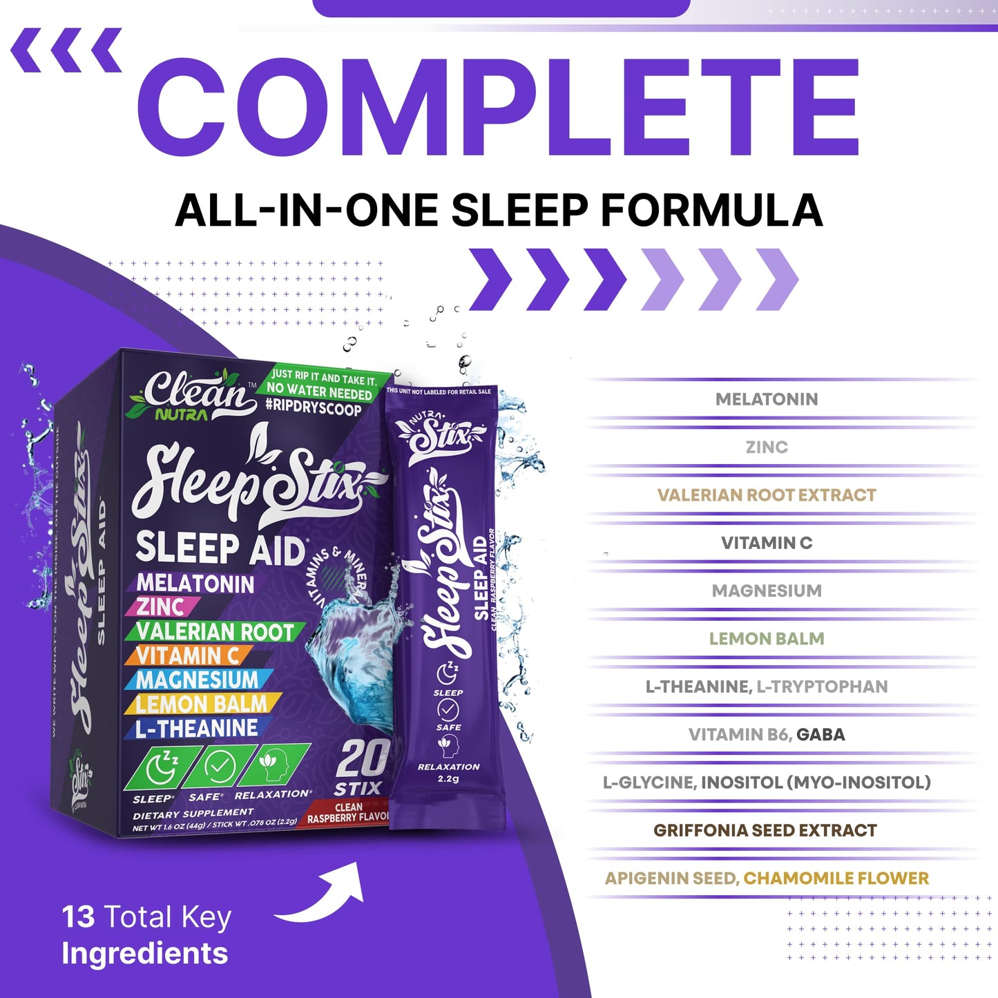 Sleep Aid Melatonin Powder Tryptophan Glycine Valerian Root Magnesium For Sleep Lemon Balm L Theanine Magnesium Glycinate Zinc Sleep Aid Myo Inositol GABACalm B6 5 HTP Stress Relief 20 Stix Clean NutraceuticalsBuy Supplements Australia