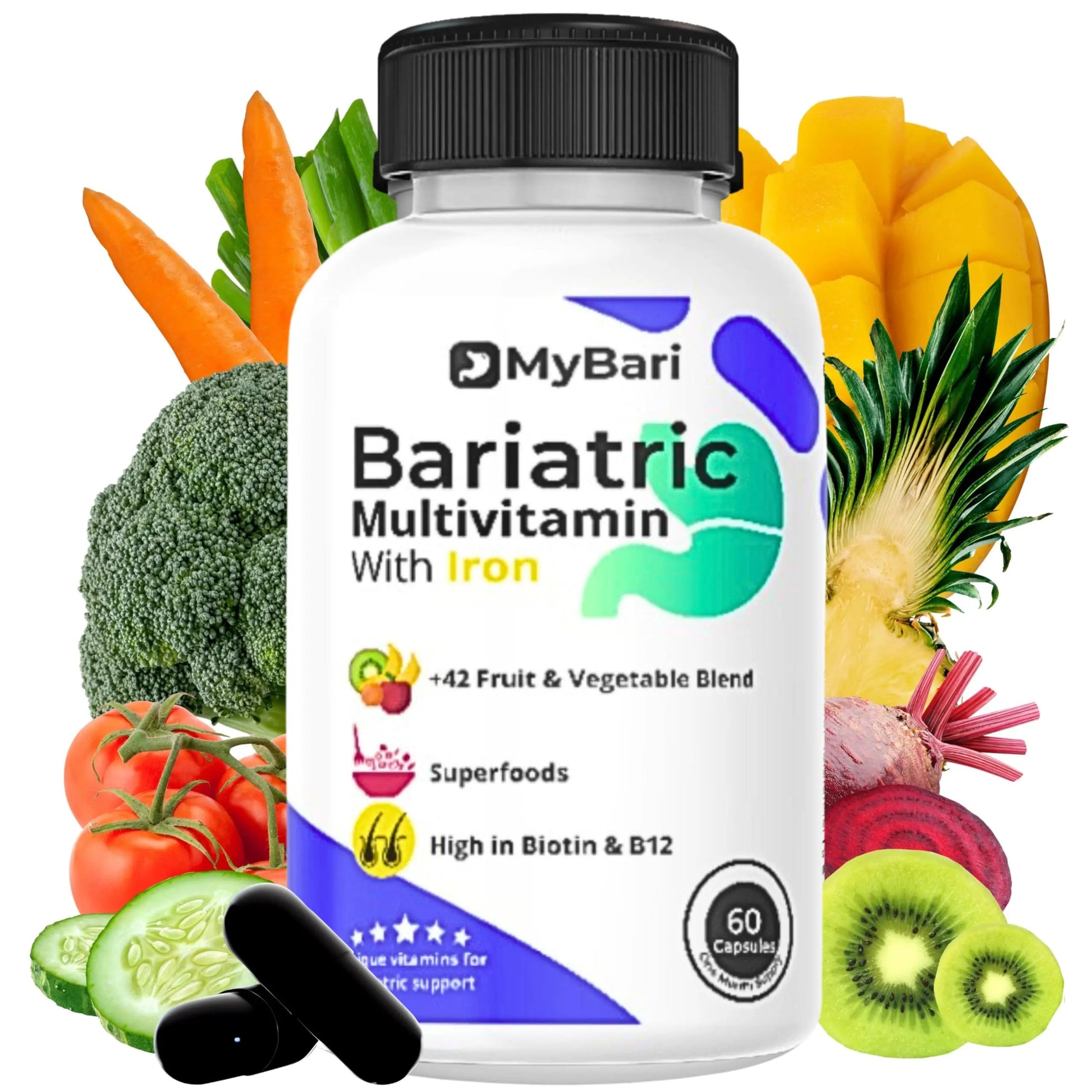 MyBari All-in-One Bariatric Multivitamin with Iron - Made in USA - for Men & Women - Supports Gastric Sleeve & Bypass with 42+ Fruit & Veggie Blend - 60 Liquid Capsules MyBariBuy Supplements Australia
