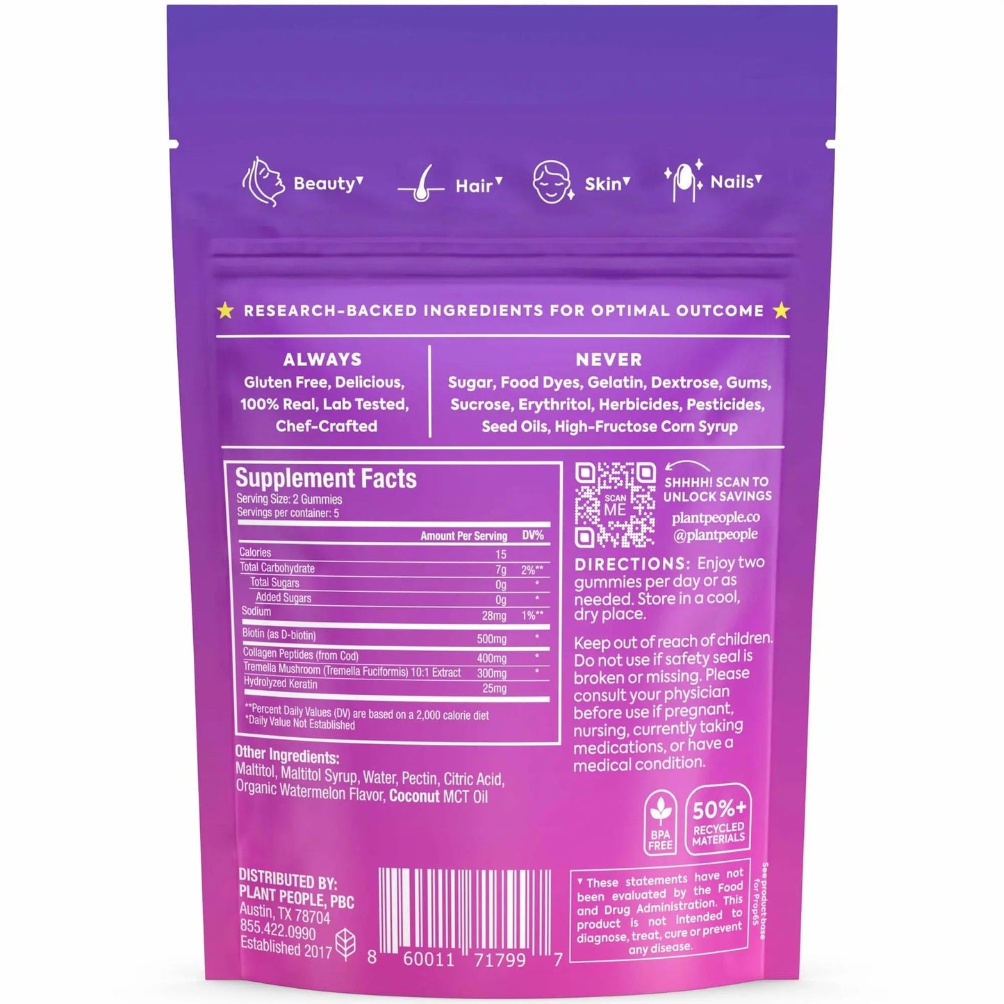 Plant People WonderBeauty Hair, Skin & Nails Rejuvenation Gummies with Tremella Mushroom, Marine Collagen Peptides, Keratin, & Biotin Plant PeopleBuy Supplements Australia