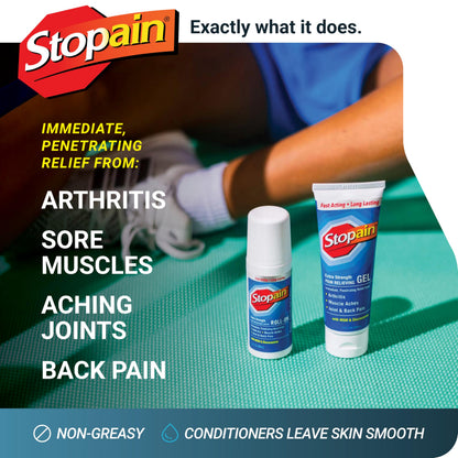 Stopain Pain Relief Combo Set (Gel, Roll On, Spray) USA Made, Max Strength Fast Acting with MSM, Glucosamine, Menthol for Lower Back, Knee, Neck HSA FSA Topical Analgesic Products StopainBuy Supplements Australia