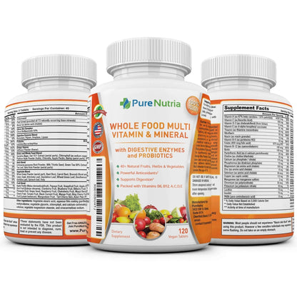 Whole Food MultiVitamin and Minerals with Probiotic Enzymes - 120 Multivitamins for Women and Men - Packed with WholeFood and Herbal Ingredients PureNutria