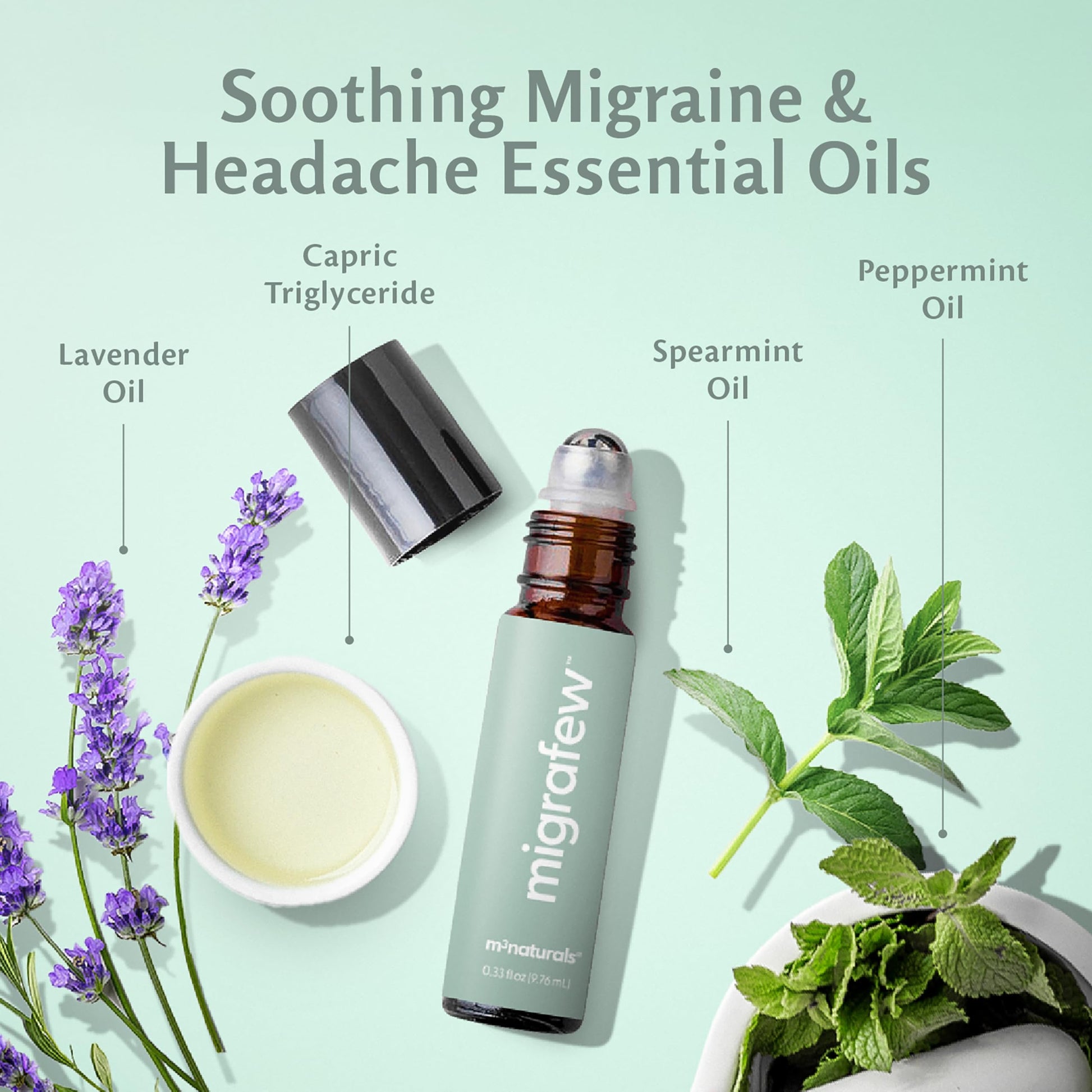 MigraFew Aromatherapy Migraine Roll On | Compact Headache Relief with Cooling Metal Roller for Head Tension and Pressure, Made with Peppermint, Spearmint and Lavender Essential Oils (0.33 FL oz) by M3 M3 NaturalsBuy Supplements Australia