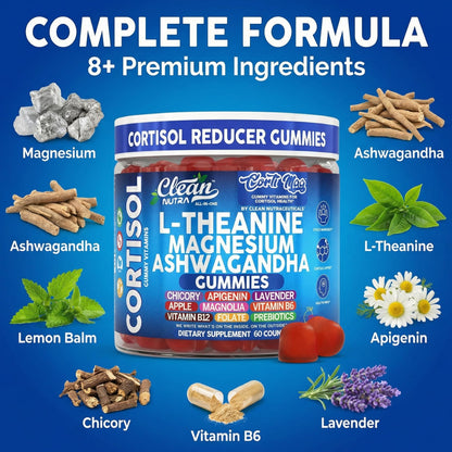 Clean Nutra Cortisol Supplement Gummies L-Theanine Magnesium Ashwagandha Apigenin Vitamin B6 Sleep and Calm Support Lavender Chicory Prebiotic Advanced Gummy Formula Clean NutraceuticalsBuy Supplements Australia