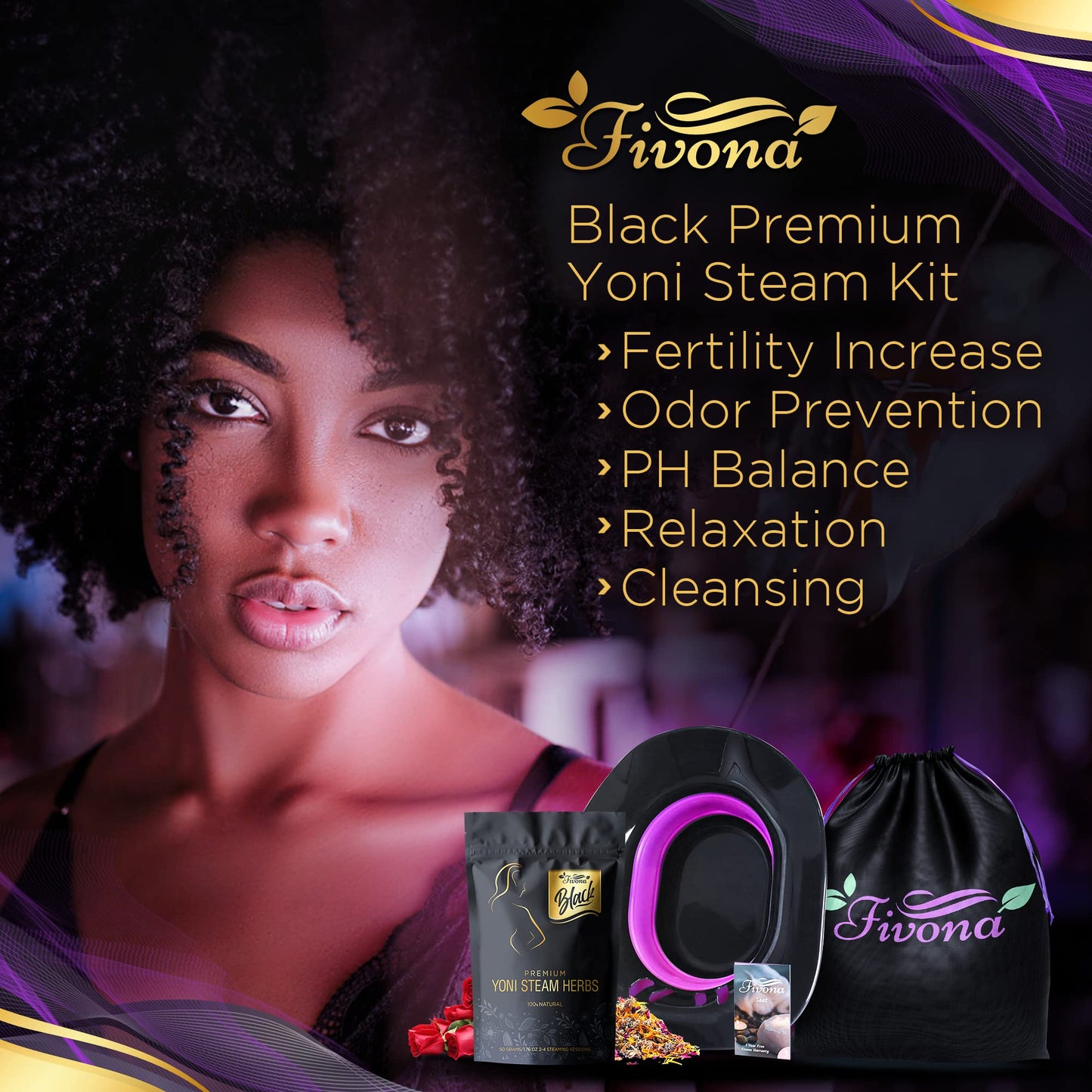 Fivona 3-in-1 Yoni Steam Kit Black - Foldable Over The Toilet Steamer Seat with Herbal Blend and Storage FIVONABuy Supplements Australia
