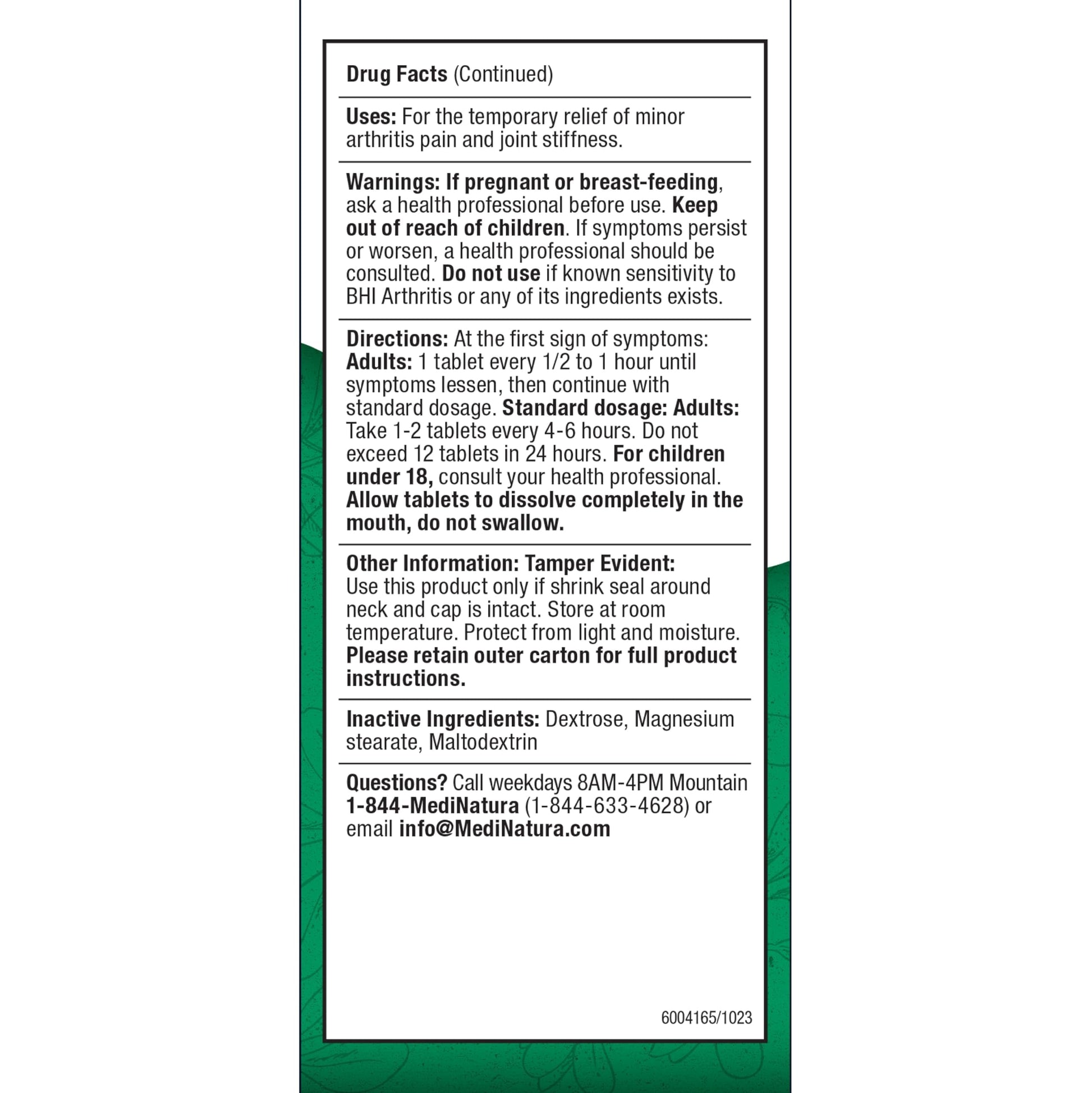 BHI Arthritis Pain Relief Daily Joint Health Support Arnica + 13 Natural Actives Homeopathic Plant & Mineral Blend Helps Relieve Minor Pain & Stiffness in Joints for Women & Men - 100 Tablets MediNaturaBuy Supplements Australia