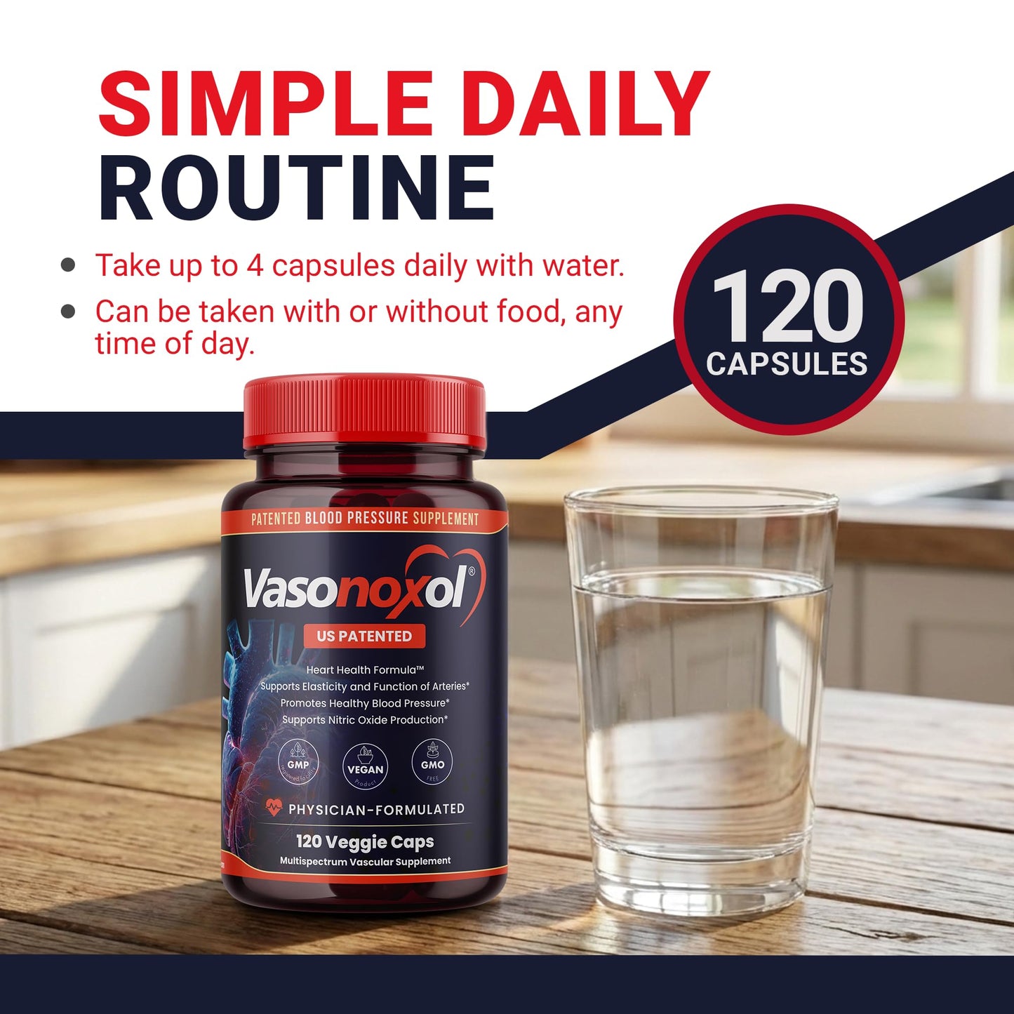 Vasonoxol U.S. Patented Nitric Oxide Supplement for Blood Pressure Support 2880mg - Physician Formulated Vascular Health Formula with L-Arginine & L-Citrulline - Vegan, Non-GMO (120 Capsules) PanoxolBuy Supplements Australia