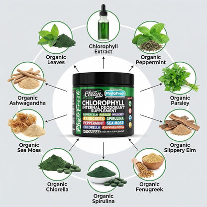 Clean Nutra Chlorophyll Capsules Supplement Internal Deodorant Peppermint, Sea Moss, Parsley, Chlorella, Spirulina, Slippery Elm, Ashwagandha, PhytoFresh Greens Detox Pills Clean NutraceuticalsBuy Supplements Australia