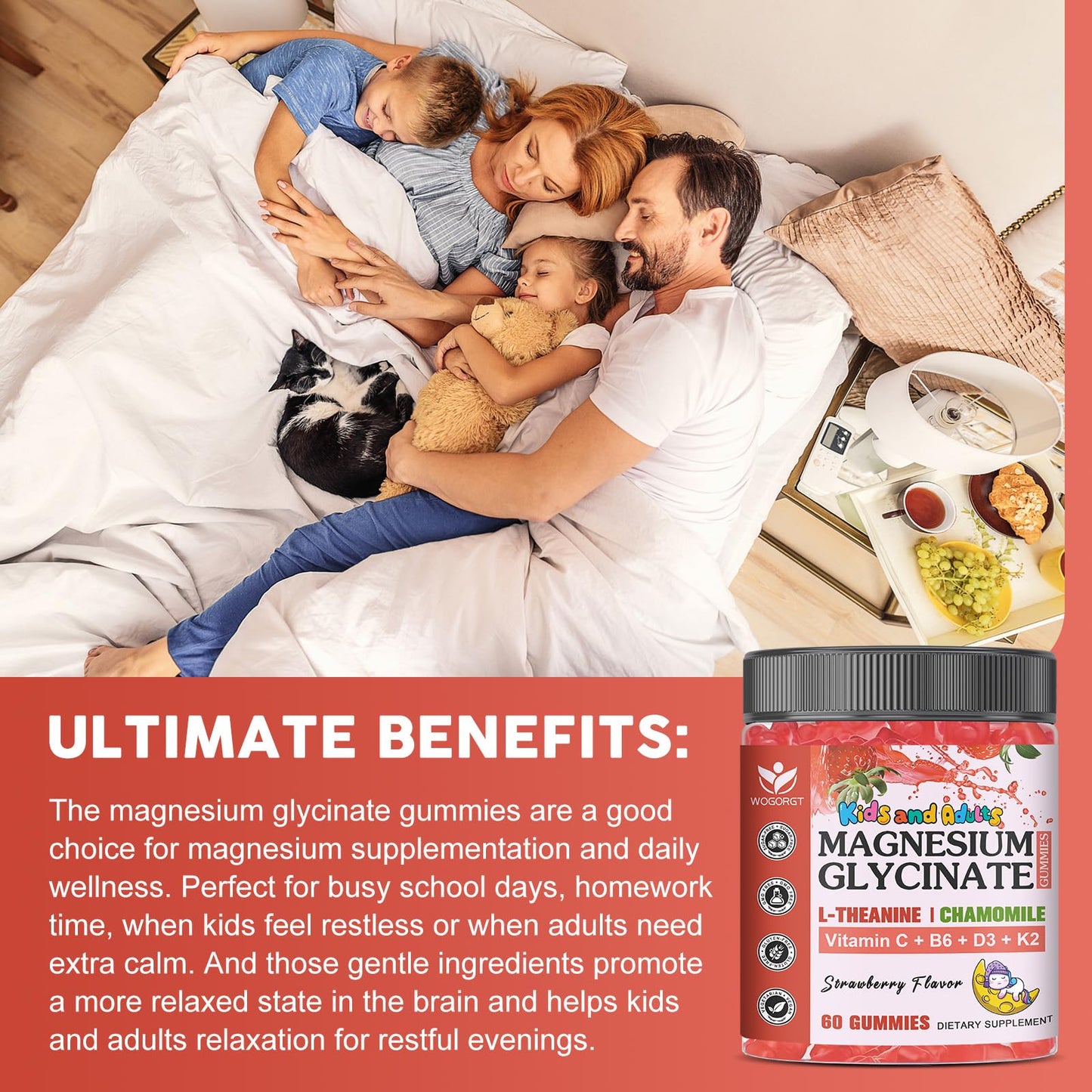 Magnesium Glycinate Gummies for Kids & Adults - Relaxation & Cognition Support - 400/200mg Magnesium Supplement with L-Theanine, Chamomile, B6, D3 & K2