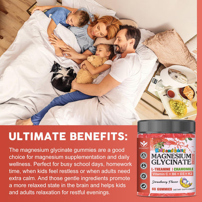 Magnesium Glycinate Gummies for Kids & Adults - Relaxation & Cognition Support - 400/200mg Magnesium Supplement with L-Theanine, Chamomile, B6, D3 & K2
