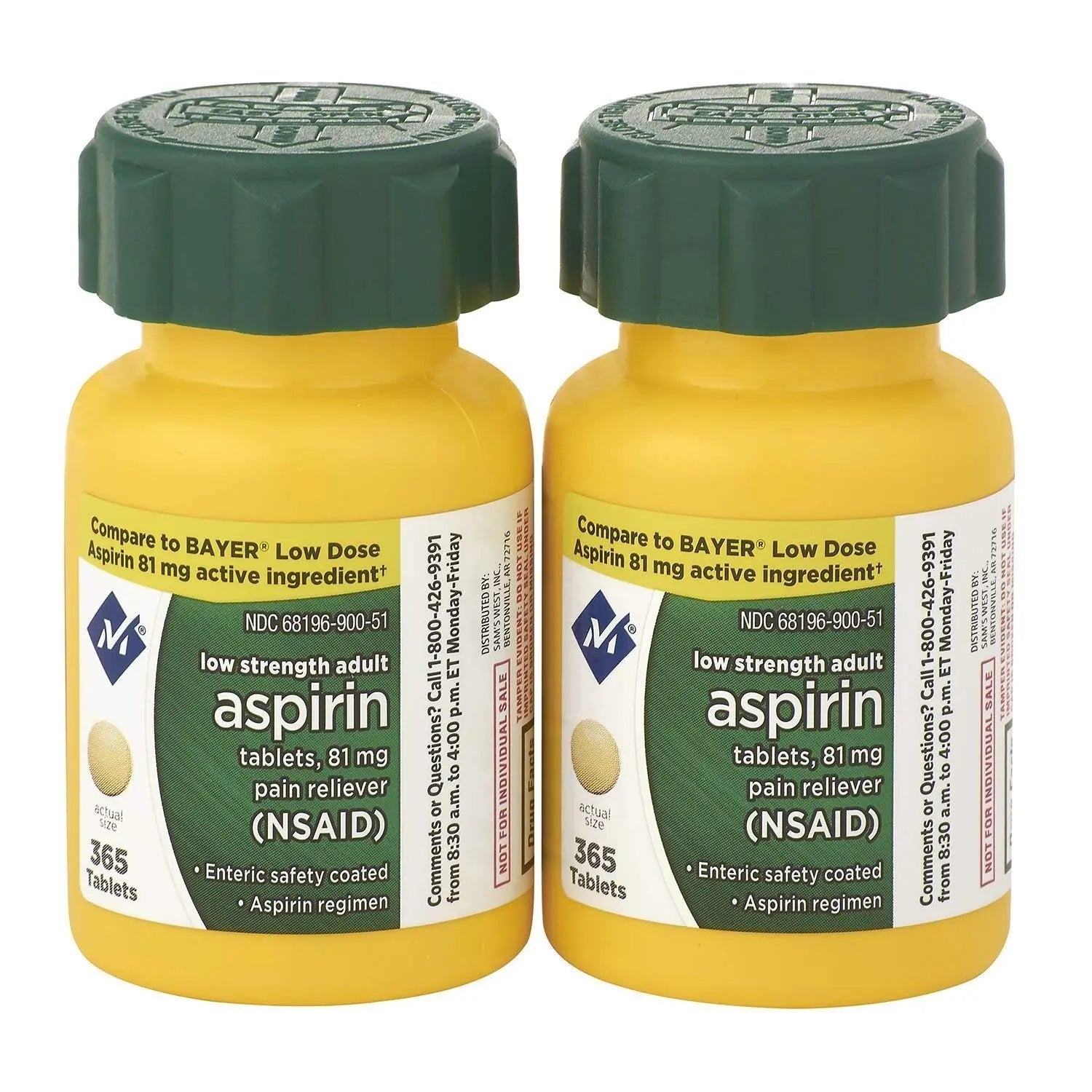 Sam's West Member's Mark Low Strength Adults Enteric Safety Coated Aspirin Regimen Tablets Pain Reliever NSAID, 81 mg, 2 Bottles, 730 Tablets MEMBER´S MARKBuy Supplements Australia